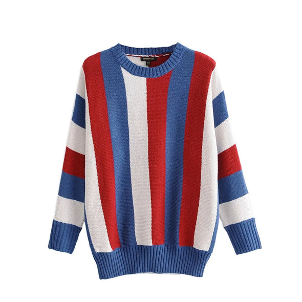 Hit Color Stripe Round Neck Dolman Sleeve Sweaters