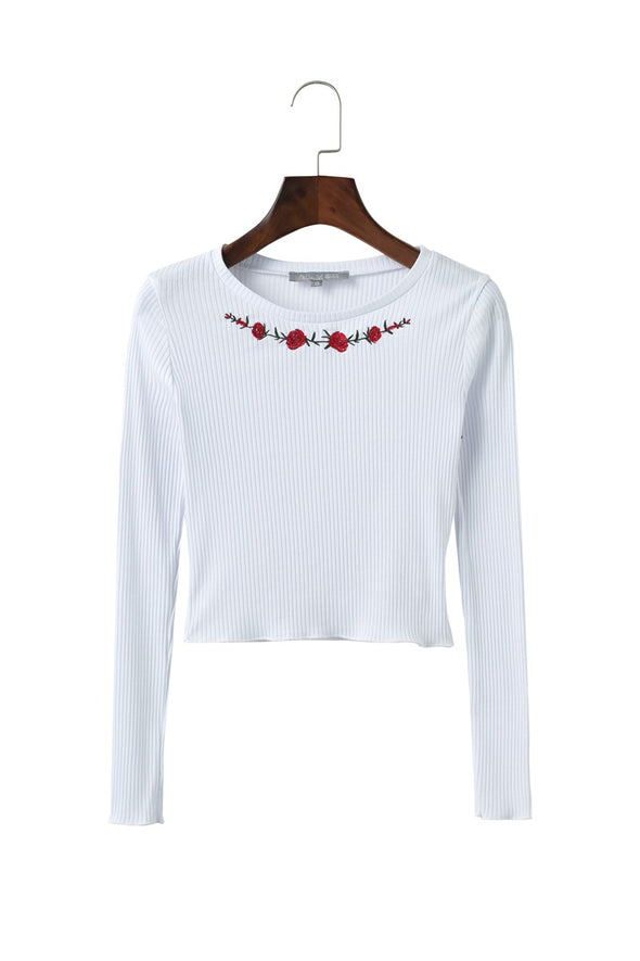 Ross Embroidery Midriff-baring Round Neck Long Sleeve Sweaters