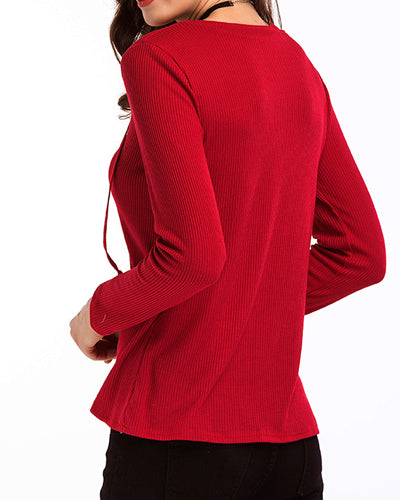 Solid Color V-Neck Tie With Long Sleeves Loose Sweater