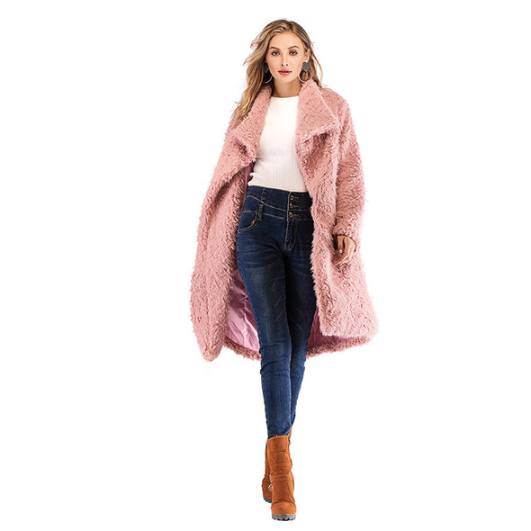 Fashion Pure Color Long Sleeve Lapel Woolen Coat