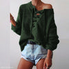 V Neck Lace Up Long Sleeve Knitting Plain Sweaters