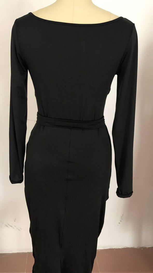 Long Sleeve V-Neck Sexy Solid Color Dress