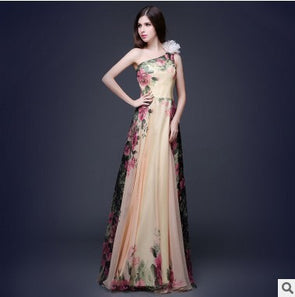 Women's fashion one-shoulder print evening dress