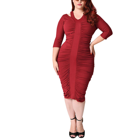 Mid Sleeve Solid Color Pleated Bodycon Dress