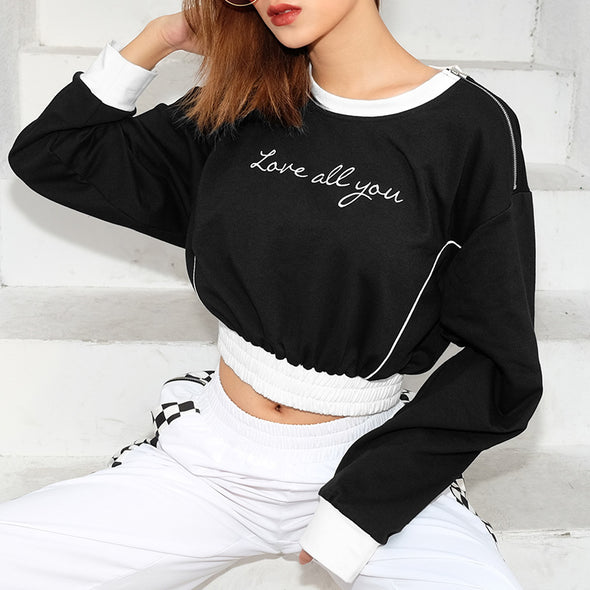 Off-The-Shoulder Zip-Embroidered Long-Sleeved Sweatshirt