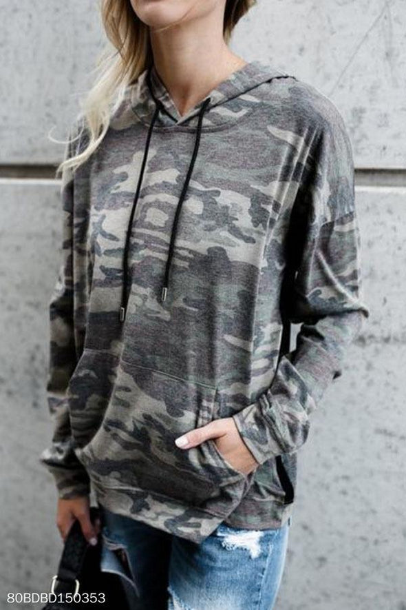 Drawstring Kangaroo Pocket  Camouflage Hoodies