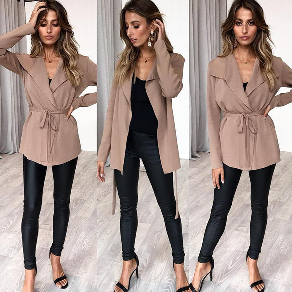 Knitted Lace Up Coat Jacket Top Women's Clothing