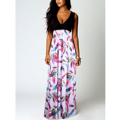 Printed V-Neck High-Waist Sleeveless Dress