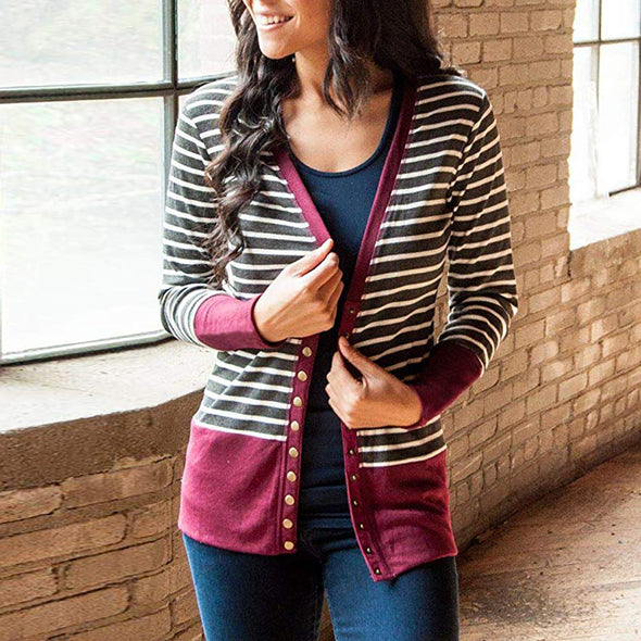 Striped Stitching Long Sleeve Single-Breasted Cardigan