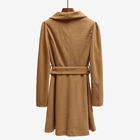 Pure Color Bandage Long Sleeve Woolen Coat