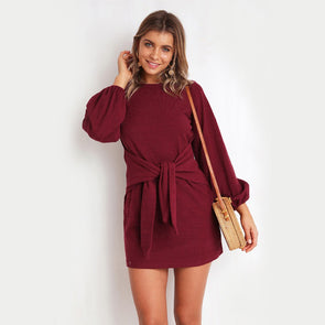 Women's casual straps solid color long-sleeved dress