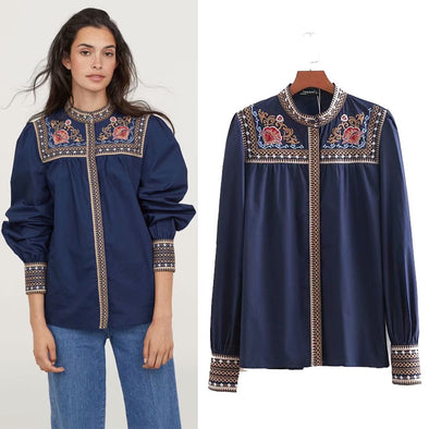 Women's Embroidered Stand-Up Collar Bubble Long-Sleeved Shirt