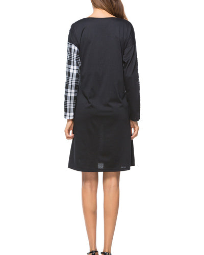 New Round Neck Black Plaid Long Sleeve Dress