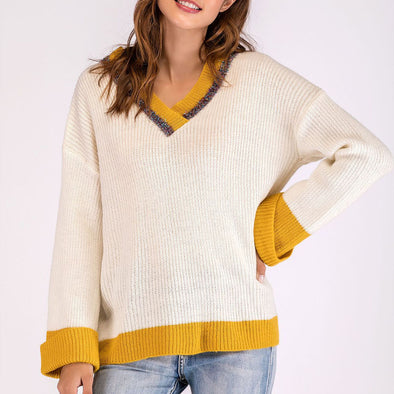 V-Neck Loose Contrast Color Wild Lazy Wind Sweater