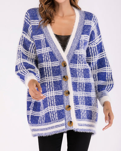 New V-Neck Long-Sleeved Loose Plaid Sweater Coat