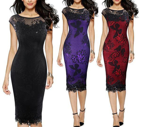 Fashion Sequins Crochet Butterfly Lace Bodycon Dress