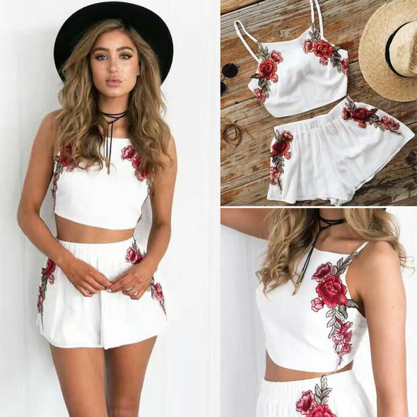 Sexy Open Back Embroidered Shorts Set