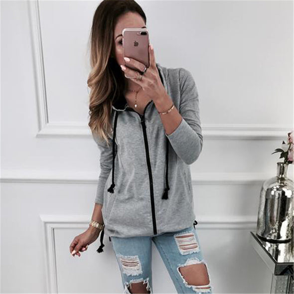 Solid Color Long Sleeve Hooded Zipper Cardigan