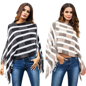 Hit Color Stripe Tassel Irregular Cloak Sweaters