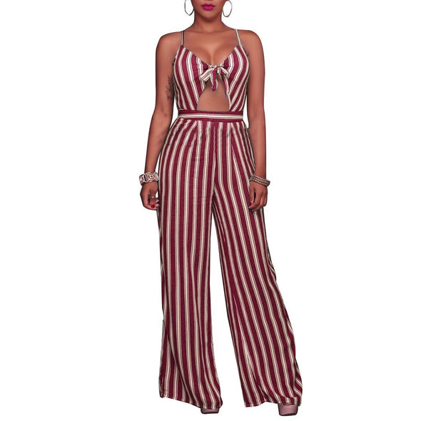 Stripe Printed Sexy V Collar Sleeveless Slim Jumpsuit