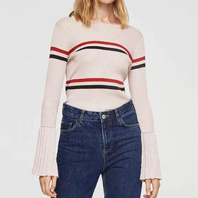 Round Collar Stripes Flare Sleeve Sweater