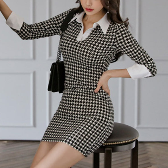 Shirt Collar Splicing Slim Houndstooth Bodycon Dress