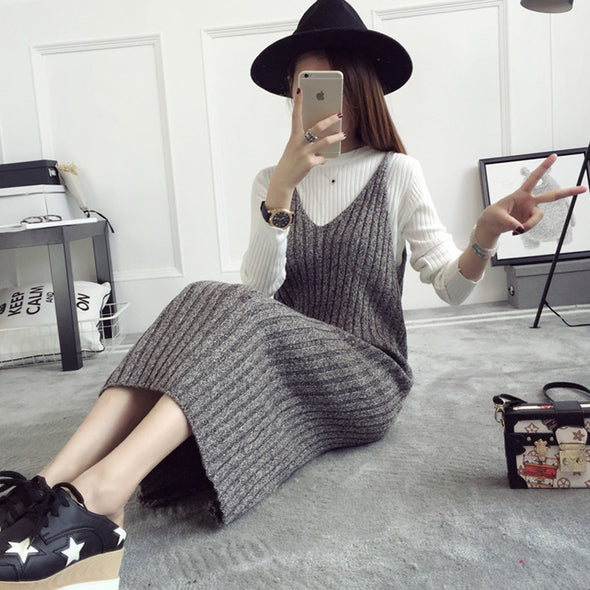 Fashion Solid V-Neck Suspenders Knit Dress