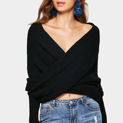 Sexy V-Neck Cross Knitted Navel Sweater