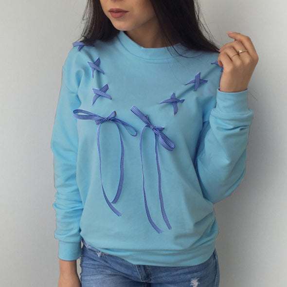 Applique Long Sleeve O-Neck Long-Sleeved Sweatshirt