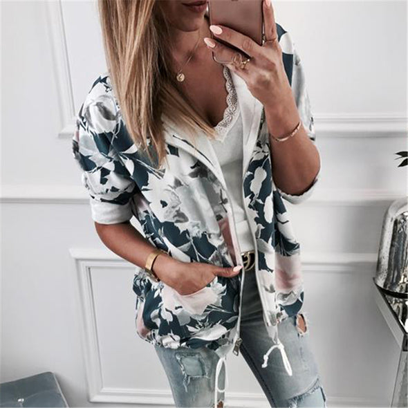 Printed Long Sleeve Zipper Hooded Sweater