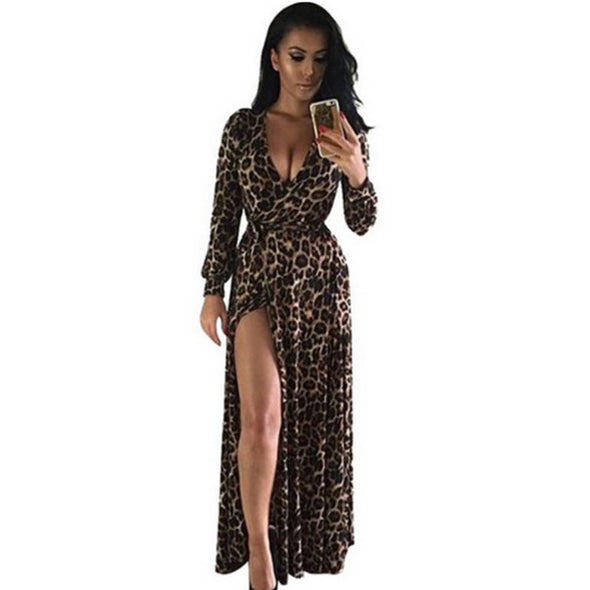 New sexy leopard V-neck long-sleeved split maxi dress