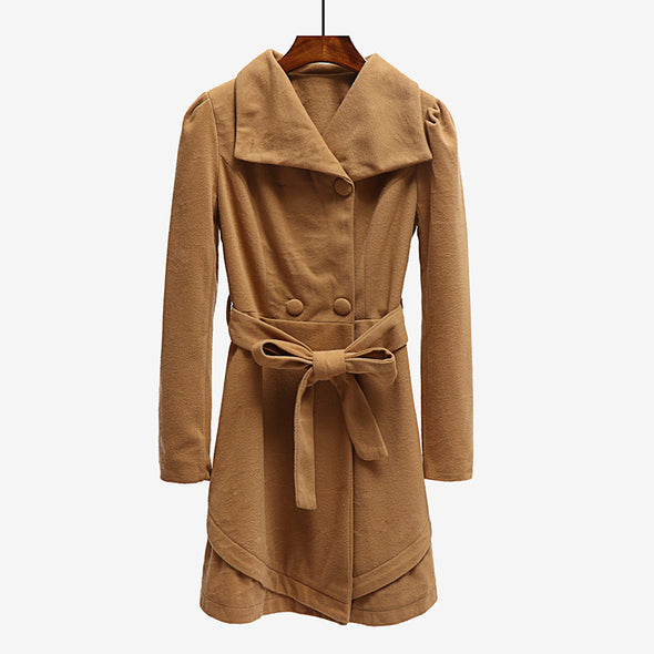 Pure Color Bandage Long Sleeve Woolen Coat