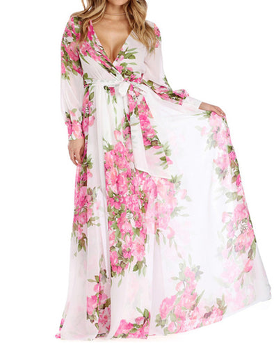 Printed Long-Sleeved V-Neck Evening Dress