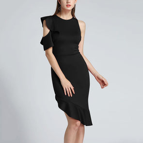 Sleeveless One-Shoulder Flounced Evening Dress