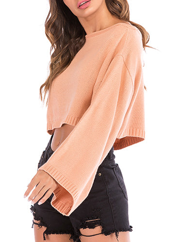 New Off-The-Shoulder Short Bat Sleeve Solid Color Knit T-Shirt