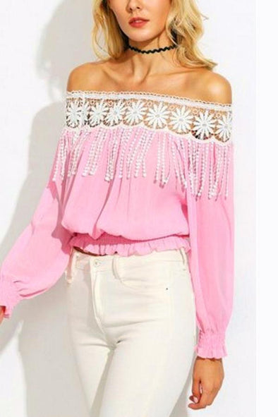 Pink Off Shoulder Long Sleeves T-Shirt Blouse