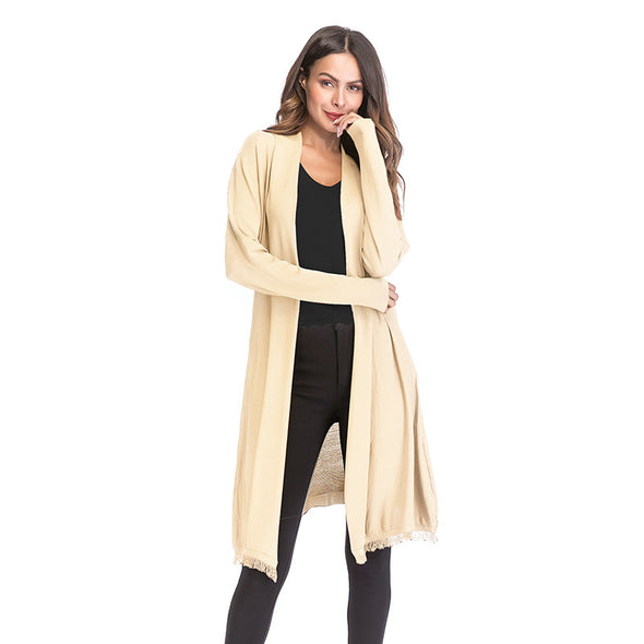 Fashion solid color thin long-sleeved knit tassel cardigan shawl coat