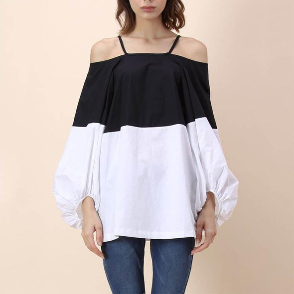 Sexy Off Shoulder Black And White Color Matching Lantern Sleeve Shirt