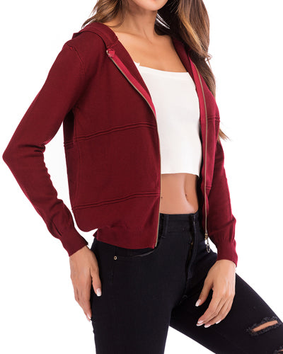 Solid Color Hooded Zipper Long Sleeve Knit Cardigan