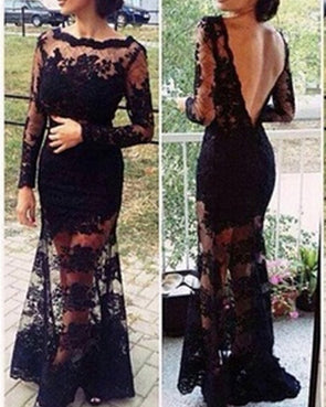 Sexy Lace Hollow Backless Black Evening Dress