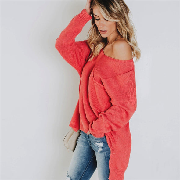 Solid Color Backless Pocket V- neck Sweaters