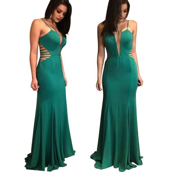 Sexy V-Neck Mesh Fishtail Big Swing Long Strap Evening Dress