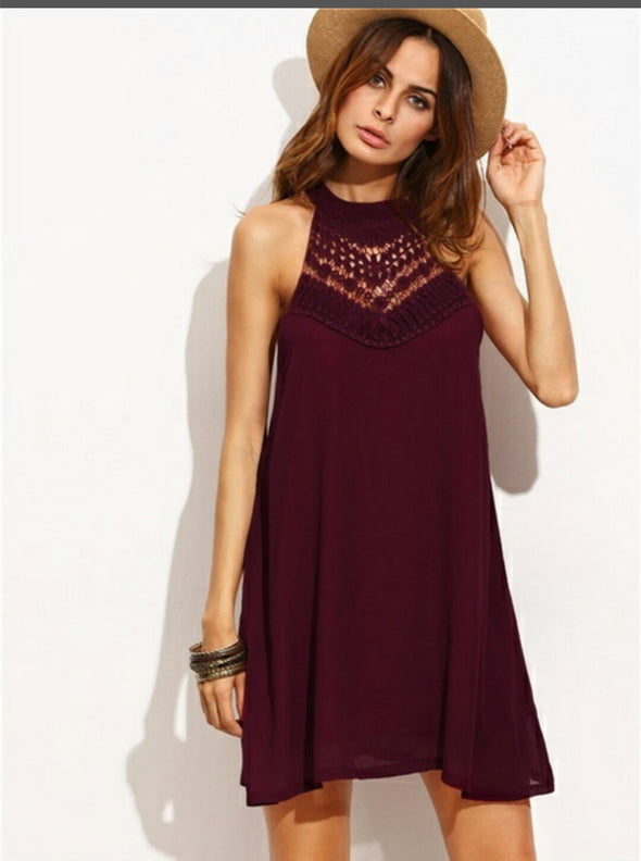 Fashion Solid Hollow Hanging Neck Shift Dress