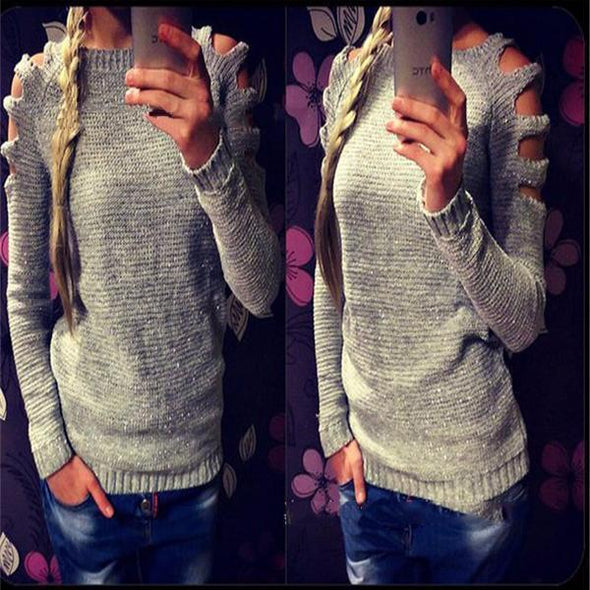 Shoulder Hollowed Out Round Neck Sweater