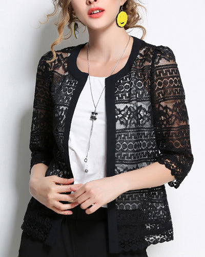 Slim-Fit Lace O-Neck Cropped Sleeve Coat