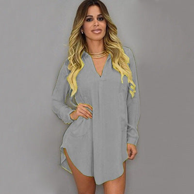 Women's Long Sleeve V-neck Irregular Chiffon Shirt Dress