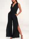 Side Vents With Wide Legs V-Neck Backless Jumpsuits