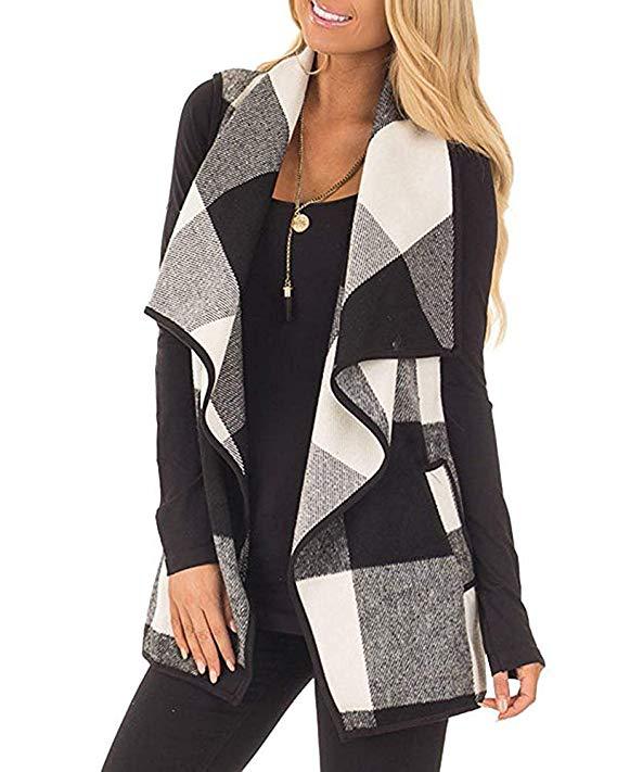 Plaid Lapels Sleeveless Cape Coat