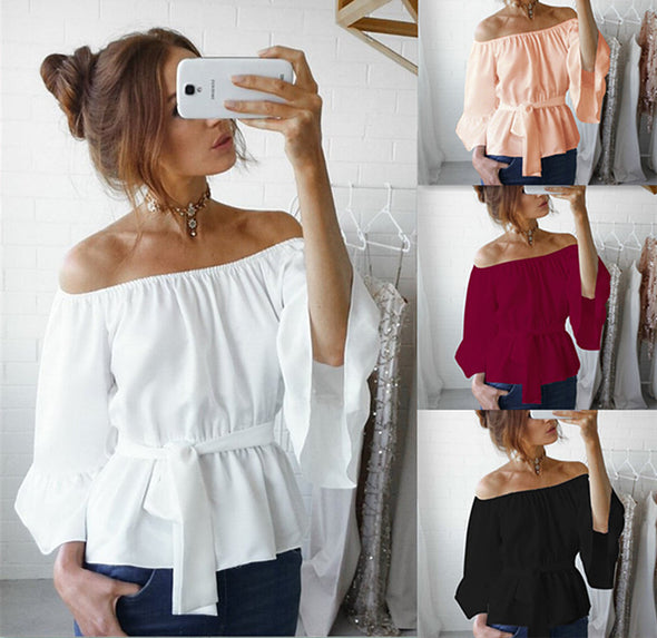 Slash Neck Strap Chiffon Shirt