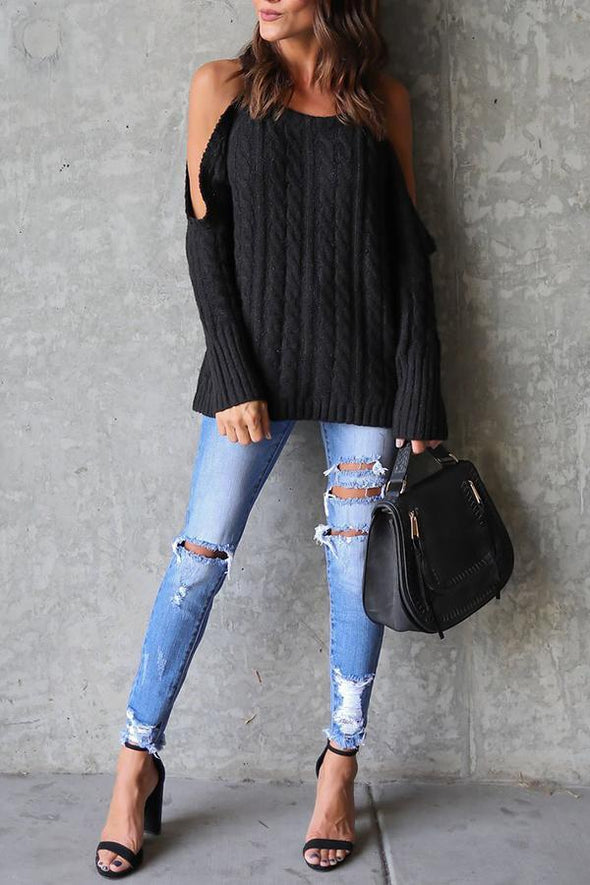 Open Shoulder  Cutout  Plain Sweaters